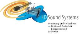 Logo von FD Sound Systems, zeigt Mikrofon und Lautsprecher. Text zu Vermietung und Verkauf.