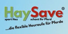Logo von "HaySave" mit Slogan: "spart Heu, schont Ihr Pferd, die flexible Heuraufe für Pferde."