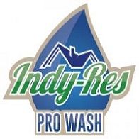 Logo with a blue water droplet, house outline, and text: "Indy-Res Pro Wash".