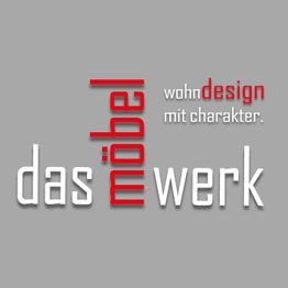 Grauer Hintergrund mit rotem und weißem Text: "das möbel werk" und "wohndesign mit charakter".