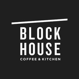 "Block House Coffee & Kitchen logo with a black background and white text."