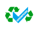 Recycling-Symbol mit blauem Häkchen und dem Wort "Entrümpelung" in der Mitte.