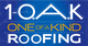 Logo of "1 OAK: One of a Kind Roofing" on a blue background with architectural lines.