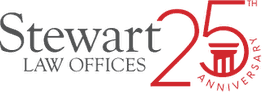 Stewart Law Offices 25th Anniversary logo with black text and red number.