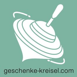 Weißer Kreisel auf mintgrünem Hintergrund, Text "geschenke-kreisel.com" darunter.