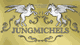 Goldenes Logo mit zwei geflügelten Pferden und dem Schriftzug "Jungmichels".