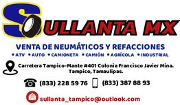 Logo de Sullanta MX con información de contacto y servicios de venta de neumáticos y refacciones.