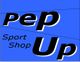 Blaues Logo mit Schrift "pep Up Sport Shop" in schwarzem und weißem Text auf diagonalem Design.