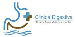 Logo de Clínica Digestiva Riviera Maya, con un estómago estilizado y una cruz médica.