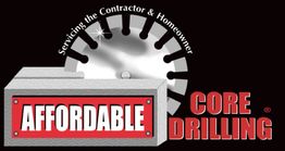 Affordable Core Drilling logo with a saw blade graphic and text for contractors and homeowners.