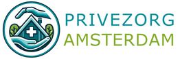 Logo van Privezorg Amsterdam met een huis in handen en een kruis in een cirkel.