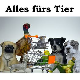 Statuetten von Tieren mit Einkaufswagen, darüber der Text „Alles fürs Tier“.