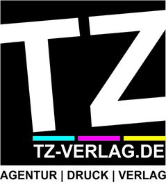 Logo mit „TZ-VERLAG.DE“ und Farben Blau, Pink, Gelb. Text: „AGENTUR | DRUCK | VERLAG“.