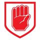 Red hand emblem inside a red-outlined shield on a white background.