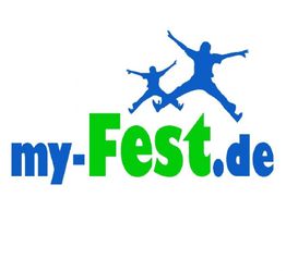 Logo mit blauer Schrift "my" und ".de", dazwischen grünes "Fest", darüber zwei springende Figuren.