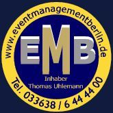 Logo von EMB Eventmanagement Berlin mit Kontaktinformationen und Inhabername.