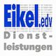 Textlogo "Eikel.edv Dienstleistungen" vor binärem Code-Hintergrund.