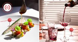Gourmet dish with sauce and wine being poured into a glass, creating an elegant dining ambiance.