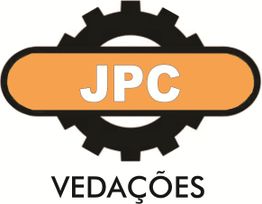 Logotipo com as letras JPC em laranja sobre engrenagem preta; abaixo, texto "VEDAÇÕES".
