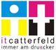 Logo mit bunten Blöcken und Text: "it catterfeld, immer am druecker".