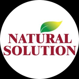 Red "Natural Solution" text with a green leaf above on a white background.