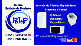 Cartão de assistência técnica: Robinho do Mazinho, com contatos e serviços de eletrodomésticos.