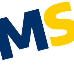 Billede af bogstaverne "MS" i blå og gul med en skrå skygge.