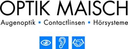 Logo "Optik Maisch" mit Symbolen für Augen, Ohren und Hände. Text: Augenoptik, Contactlinsen, Hörsysteme.