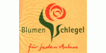 Logo von "Blumen Schlegel": stilisierte Rose, Text "für jeden Anlass".
