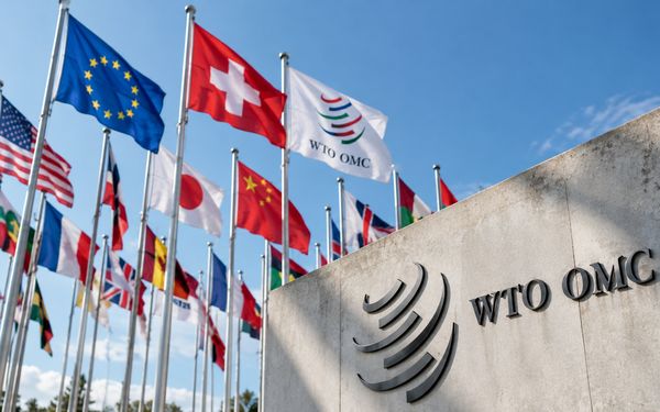 Vor dem Gebäude der Welthandelsorganisation WTO wehen die Flaggen der Schweiz, der Europäischen Union und weiterer Staaten als Symbol für internationale Handelsabkommen und den grenzüberschreitenden digitalen Handel.