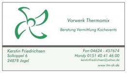 Visitenkarte mit Thermomix-Logo und Kontaktdaten von Kerstin Friedrichsen für Beratung und Kochevents.