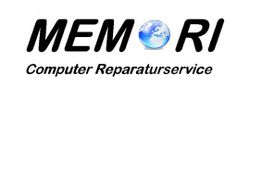 Logo „MEMORI Computer Reparaturservice“ mit Weltkugel als Buchstabe „O“.