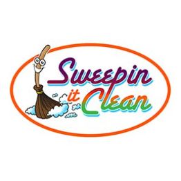 Cartoon broom with "Sweepin it Clean" text inside an orange oval border.