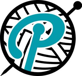 Simbolo nero e turchese di un gomitolo con un uncinetto e una "P" stilizzata.