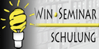 Glühbirne und Text: "Win-Seminar Schulung" auf grauem Hintergrund mit gelben Details.