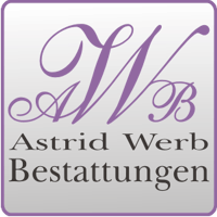 Logo mit lila Initialen AWB und dem Text "Astrid Werb Bestattungen" auf grauem Hintergrund.