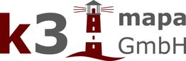 Logo mit k3 mapa GmbH und einem stilisierten roten Leuchtturm in der Mitte.