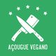 Logo verde "Açougue Vegano" com facas cruzadas e cinco estrelas.