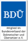 BDÜ-Logo, Mitglied im Bundesverband der Dolmetscher und Übersetzer e.V., blau-weißes Design.