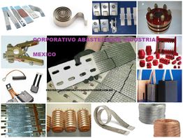 Collage de productos industriales: cables, conectores y piezas metálicas variadas.