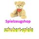 Ein Teddybär mit rotem Halstuch. Text: "Spielzeugshop schubert-spiele".