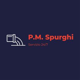 Logo di P.M. Spurghi con tubo e testo "Servizio 24/7" su sfondo blu scuro.
