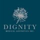 Logo of Dignity Medical Aesthetics with a stylized dandelion on a dark teal background.