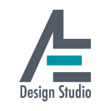 Logo mit grauen Buchstaben "AE" und Text "Design Studio" darunter.