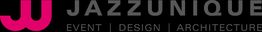 Logo von JAZZUNIQUE mit den Worten "Event", "Design", "Architecture" in Schwarz und Pink.