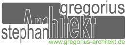 Architekturlogo mit Text "Architekt Stephan Gregorius" und Website "www.gregorius-architekt.de".