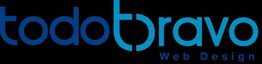 Logotipo de "todobravo Web Design" en tonos azules sobre fondo negro.