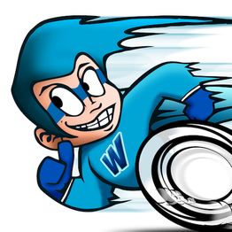 Personaje animado con traje azul y símbolo "W", corriendo rápidamente hacia la derecha.