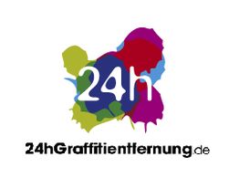 Buntes Logo mit der Aufschrift "24h Graffitientfernung.de" auf farbigen Klecksen.