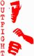 Roter Silhouetten-Kampfkünstler und das Wort "OUTFIGHT" vertikal, schwarz-weiß Hintergrund.